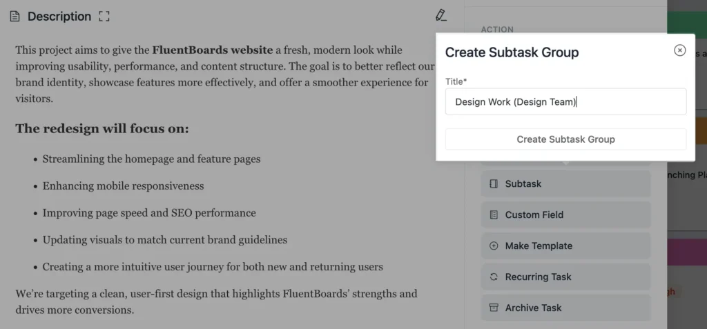 create different subtask groups for each team with fluentboards